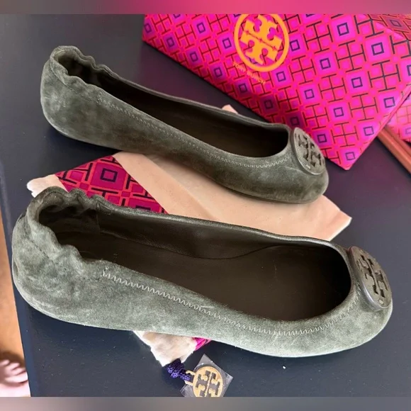 Tory Burch Minnie Travel Suede Green Flats - Picture 4 of 8
